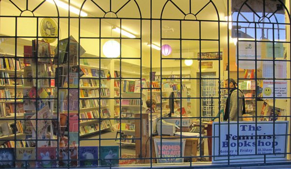 Close up of Feminist Bookshop through windown
