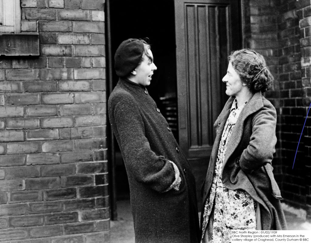 Olive Shapley (producer) with Mrs Emerson in the colliery village of Craghead, County Durham BBC North region