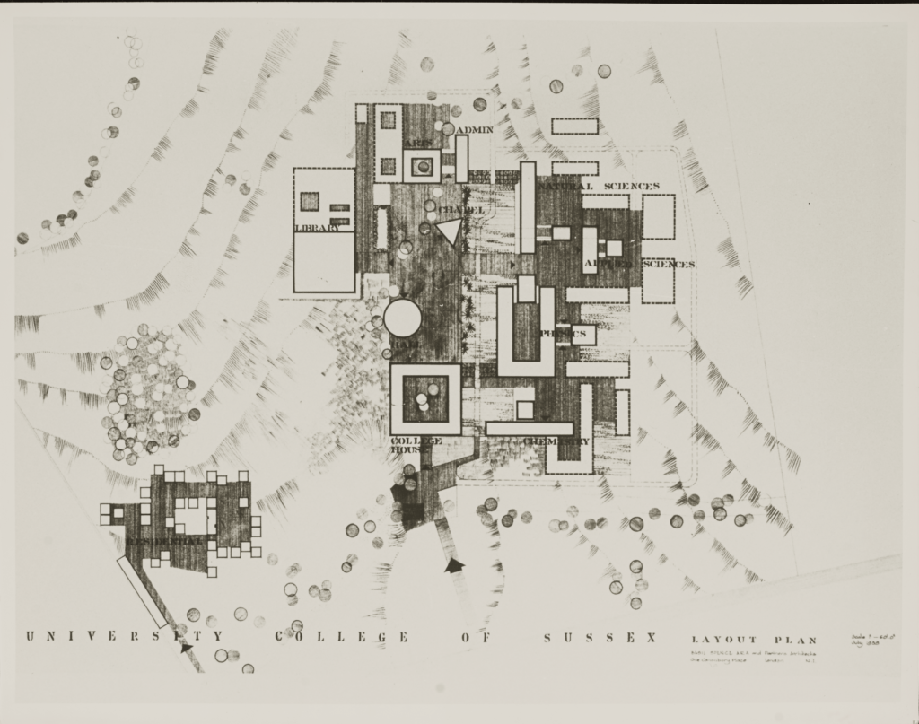 A hand-drawn architectural plan of University of Sussex campus with modernist-style blocks