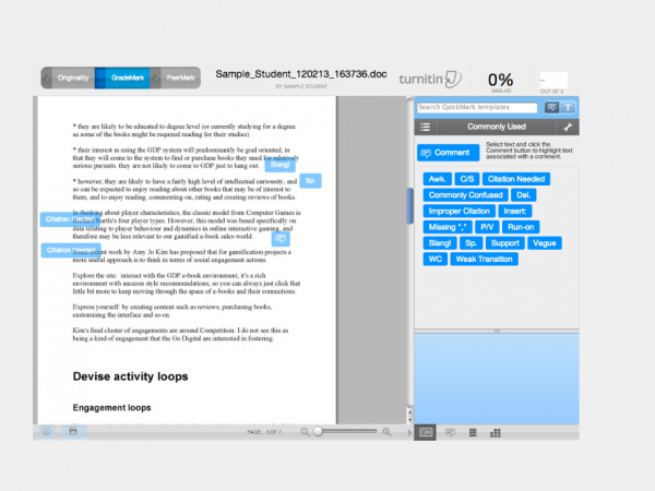 Grademark showing the quickmarks tool being used to annotate student work