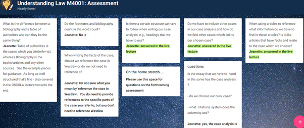 Screenshot of the online noticeboard that Janet used to teach Understanding Law