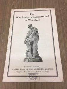 This is an example from the War category. It is a pamphlet called The War Resisters' International in War-Time