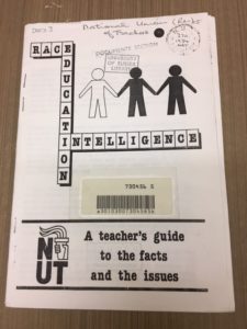 This is an example from the Trade Unions category. It is a booklet by the National Union of Teachers called Race, Education, Intelligence.