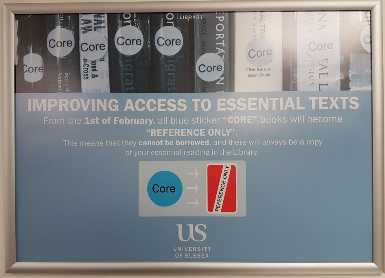 "Improving Access to Essential Texts": Core to Reference Only poster in the Library