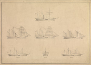 'Diagram Elucidating the principle on which the Honble East India Company's Steam Vessel Atalanta is Rigged, Displaying the greatest spread of Canvas, with least resistance from Masts', 1836. The Atalanta and Berenice could function under sail, steam or both, depending on prevailing wind and conditions. (© National Maritime Museum, Greenwich, London.)