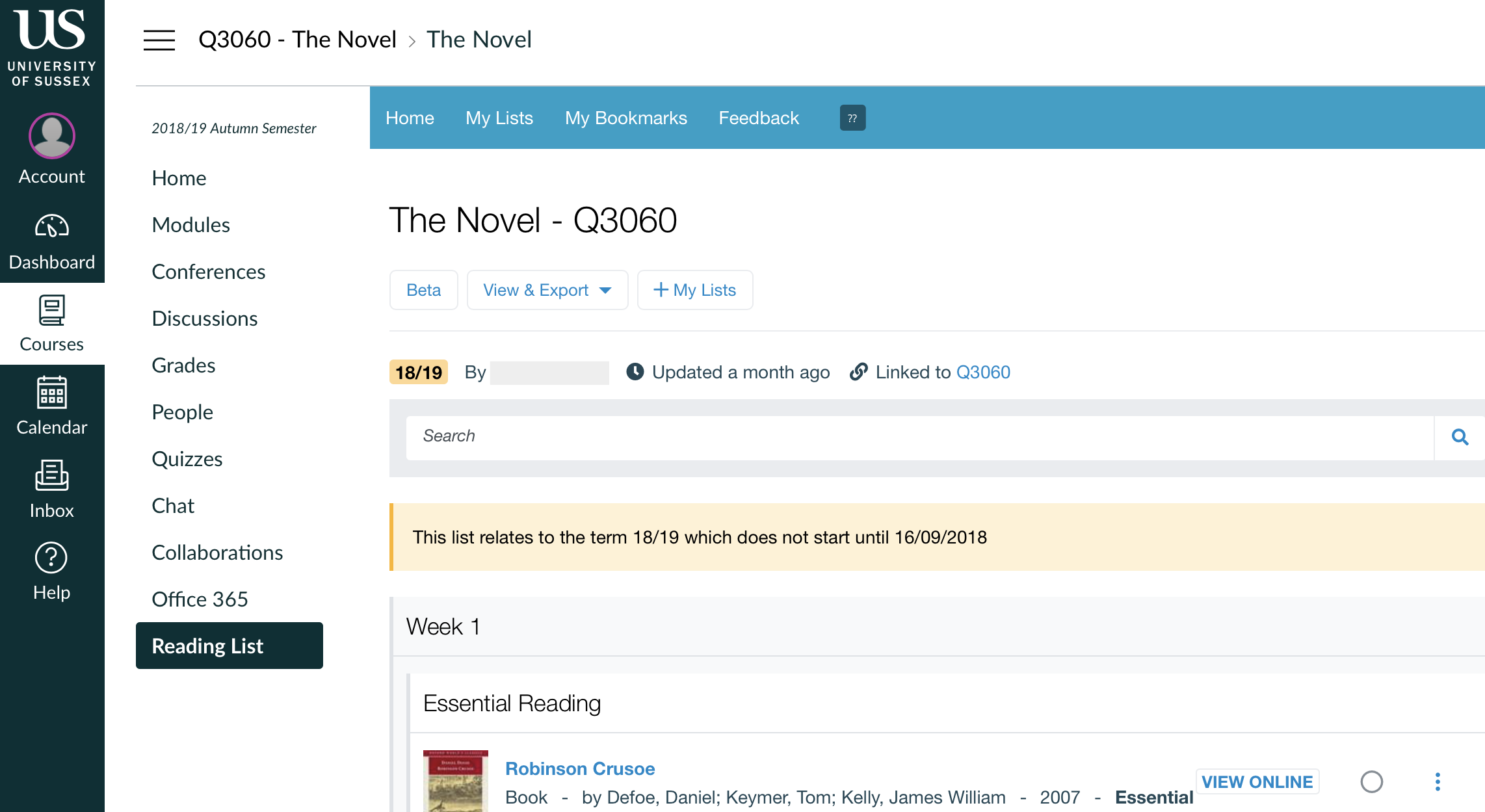 Screenshot showing a student's view of the reading list in Canvas