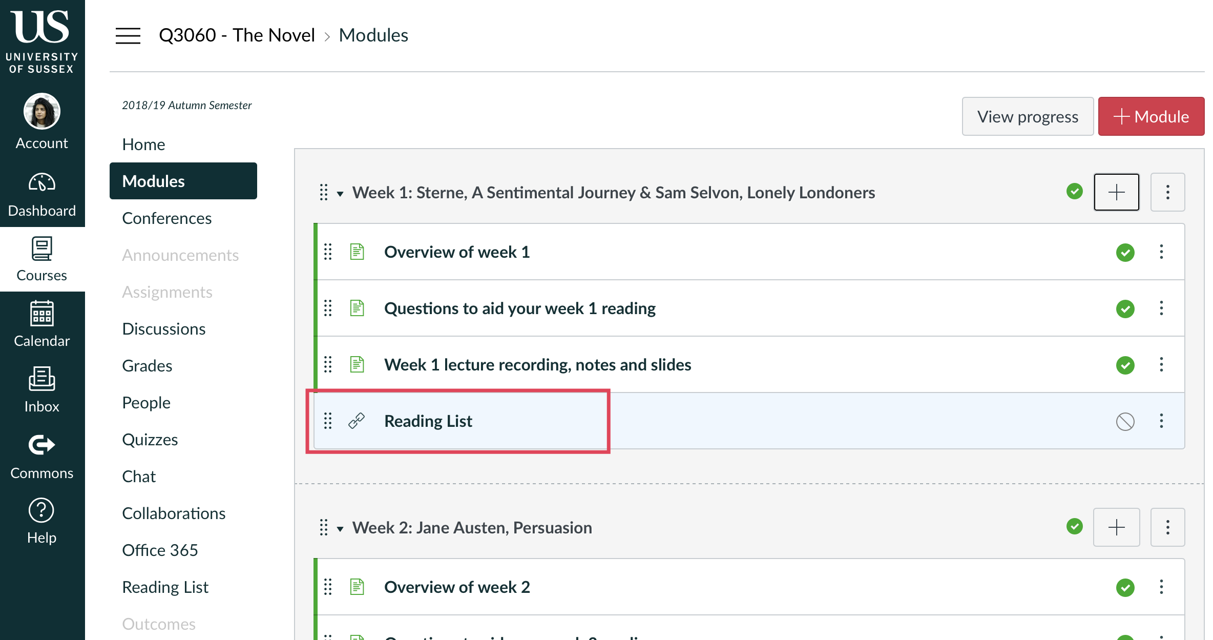 Screenshot highlighting a Reading List module item