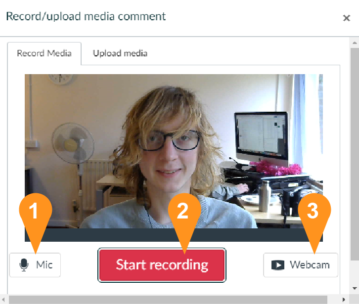 An image showing the Record/upload media menu highlighting the three key buttons, the Mic, the Start recording and Webcam button