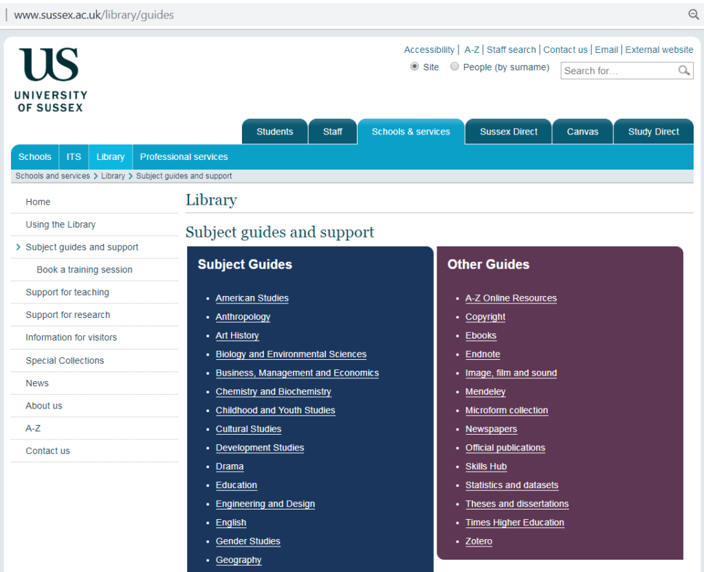 The Subject Guides homepage on the University of Sussex ibrary website, listing the curriculum subject guides and other guides available.