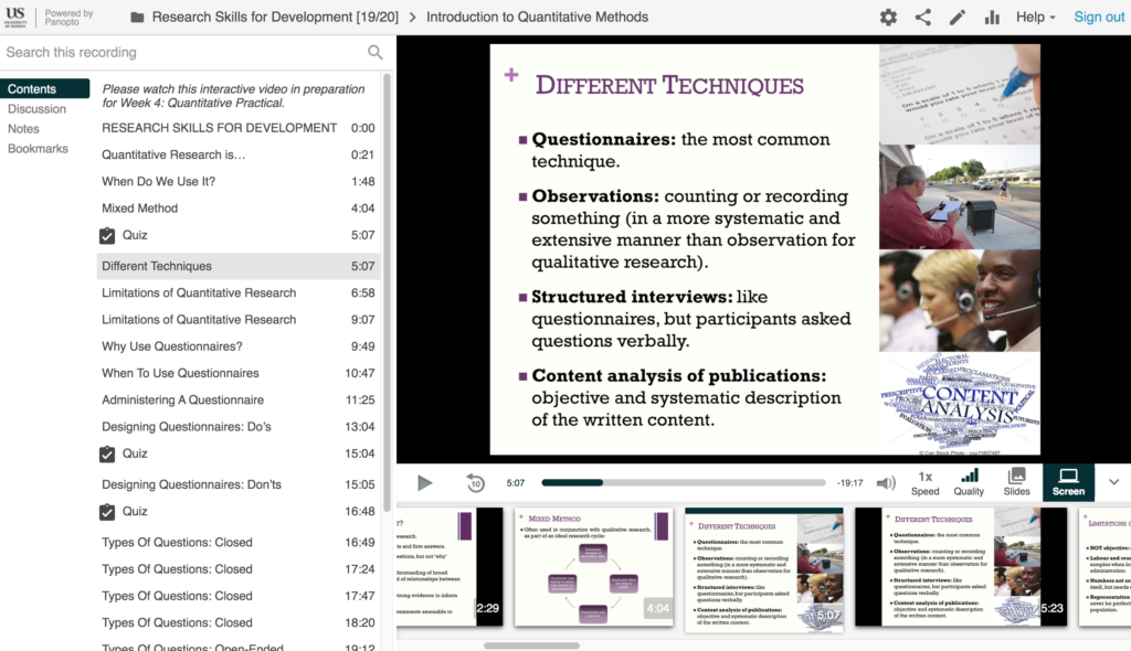 screenshot of a Panopto recording with an embedded quiz