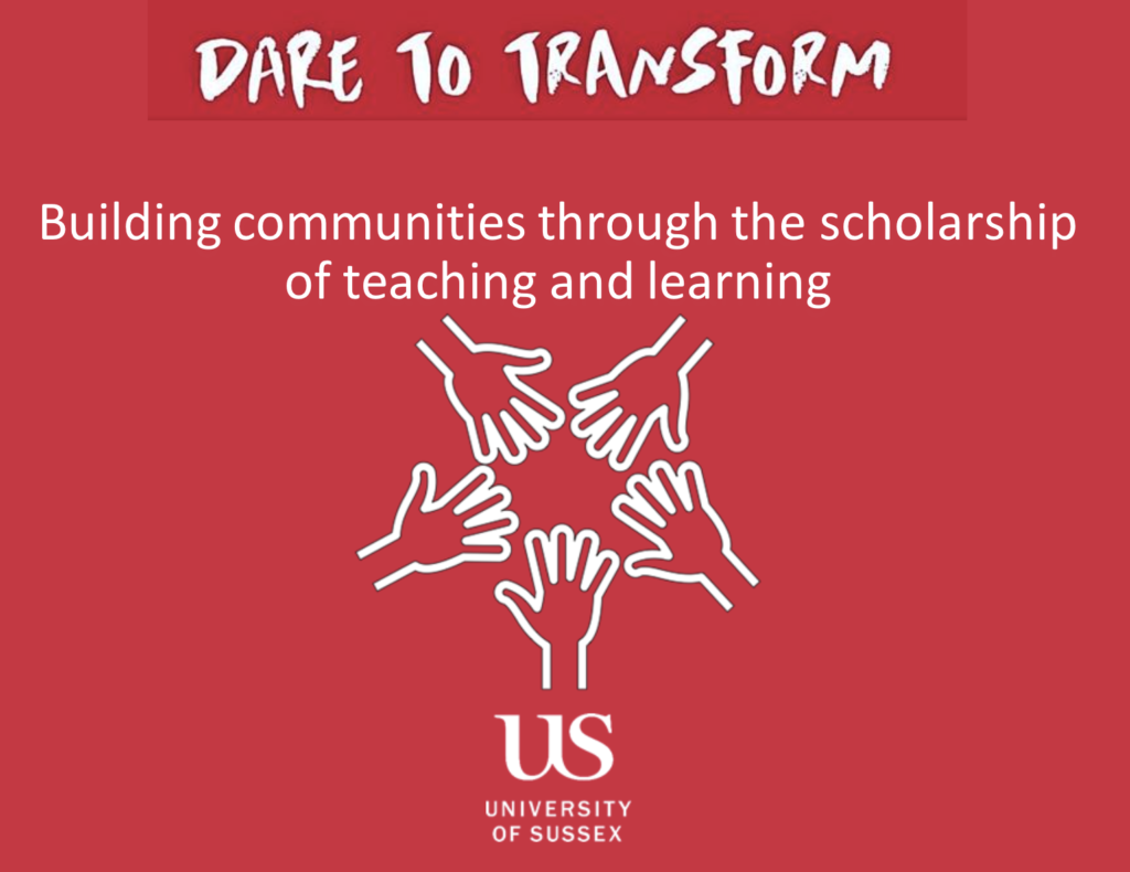 Screenshot of title conference slide: Building communities through the scholarship of teaching and learning. There is an image of 5 hands touching above the University of Sussex logo.