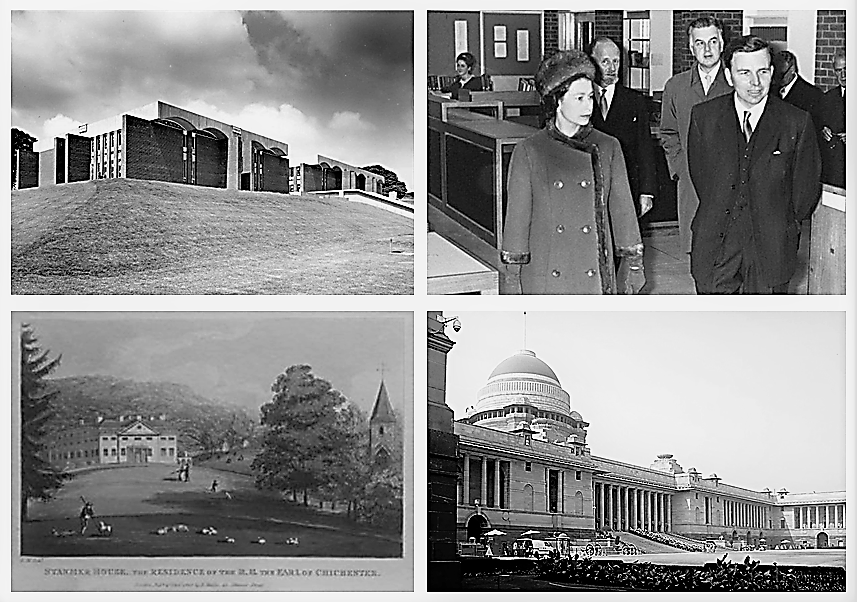 Four black and white archival images. Top left: the University of Sussex Library newly built; Top Right: Queen Elizabeth II being shown around the Library by Librarian Dennis Cox, with architect Basil Spence behind her; Bottom left: a painting of Stanmer House in its rural landscape from the eighteenth century; Bottom Right, a photograph of the former Viceroy's House in British India's New Delhi, designed by Edwin Lutyens with Basil Spence. 