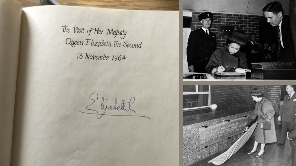 An image of the library visitor book page inscribed with the calligraphic words "The Visit of Her Majesty Queen Elizabeth The Second 13 November 1964" and signed Elizabeth R. Next to this are two black and white photographs of Queen Elizabeth II - one of her signing the visitor's books surrounded by security, students and staff, and the other of her unveiling the library opening plaque near the entrance to the building. 