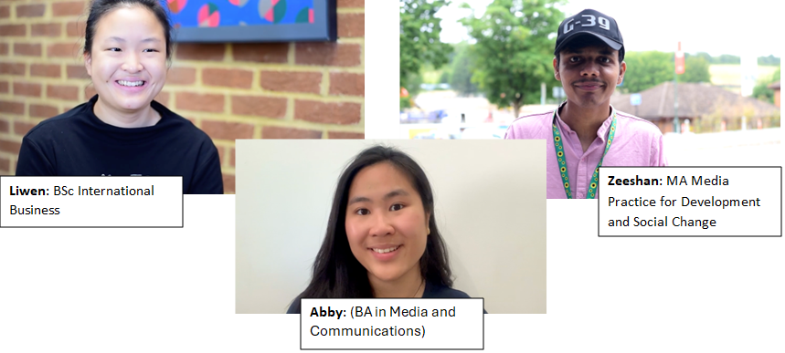 A photo of the three students who developed this resource. Liwen, who studied for a BSc in International Business, Zeeshan, who studied for an MA in Media Practice for Development and Social Changes, and Abby, who studied for a BA in Media and Communications. 