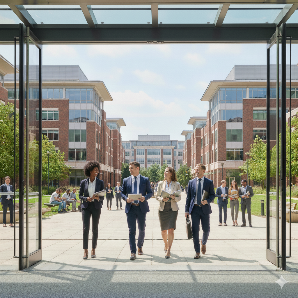A group of four people dressed in business attire walk together through an open glass doorway into a courtyard. The courtyard is flanked by modern brick and glass buildings with trees and greenery lining the walkway. In the background, other individuals are seen walking or sitting on benches, engaging in conversation or working on laptops. The sky is clear with a few clouds, suggesting a pleasant day