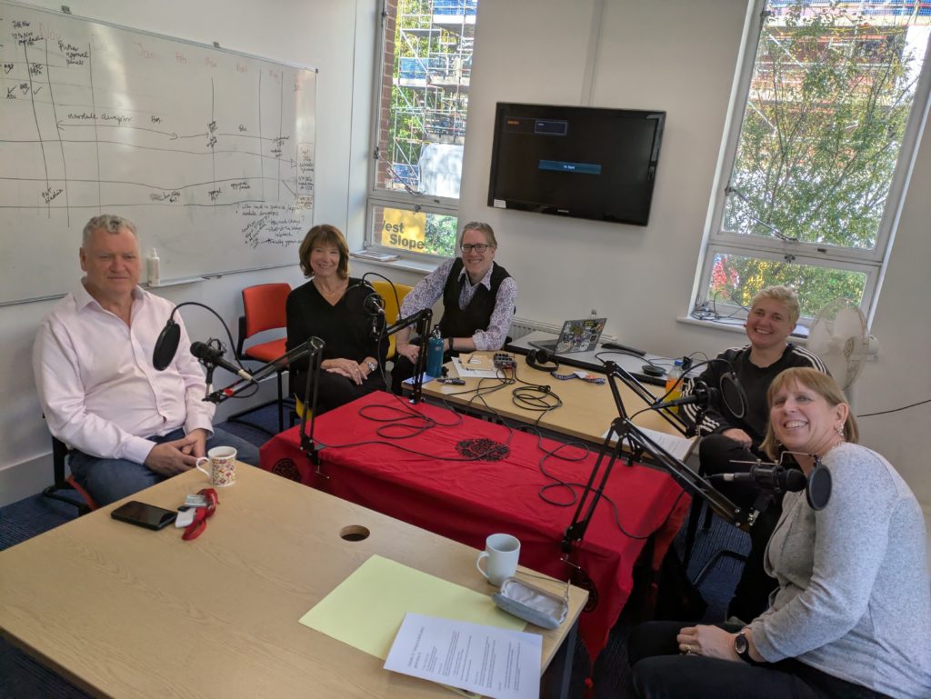 Photograph of our two speakers, Carol and Tom, of our producer Simon, and of our presenters Heather and Wendy.