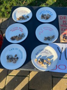 Photograph of six paper plates labelled with different negative workplace experiences, including being paid late. Participants indicated which experiences they had encountered by placing stones on the corresponding plates.