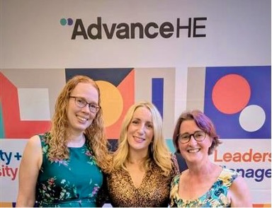 Photograph of Dr Julie Voce (Fellowship Programme External Examiner) with Dr Emily Danvers and Dr Katie Piatt (Sussex SFHEA Leads)