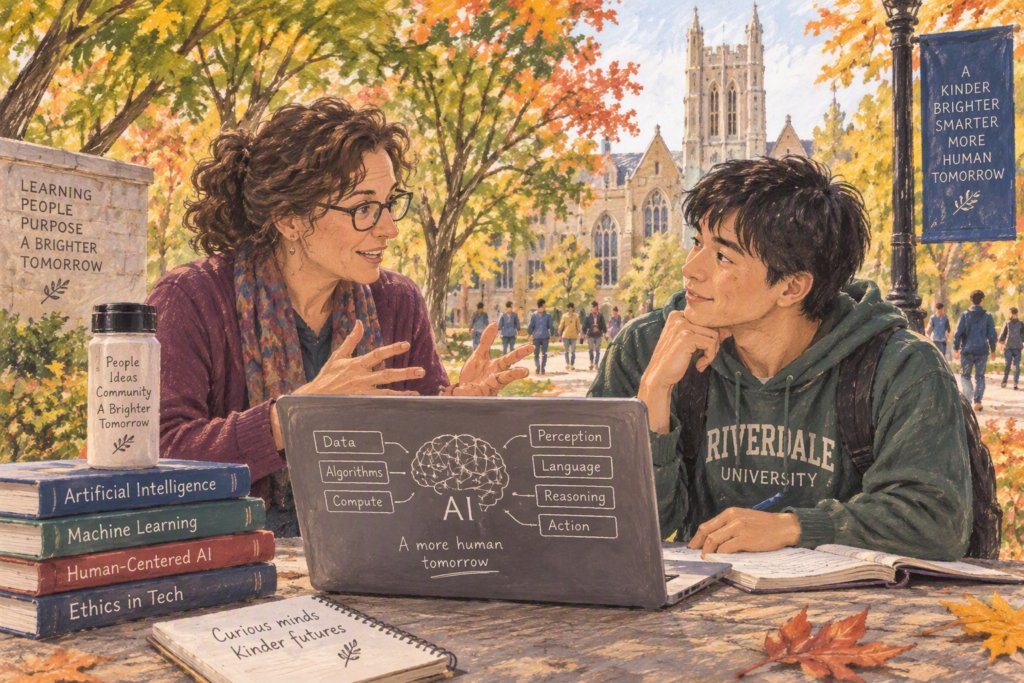 AI Generated image showing a female tutor sitting with a student outside on a leafy autumnal campus.  They have a laptop on the table and some books.  The tutor is gesticulating and the student is watching and listening.
