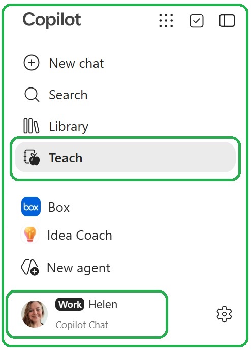 Screenshot from MS CoPilot showing the Teach tool available to Sussex colleagues.