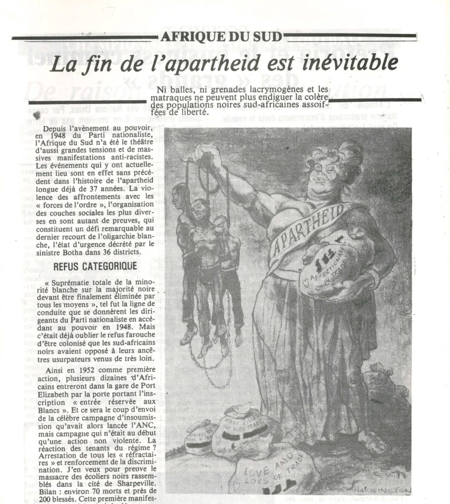 Page from Fonike bulletin (Guinea), with cartoon condemning apartheid.