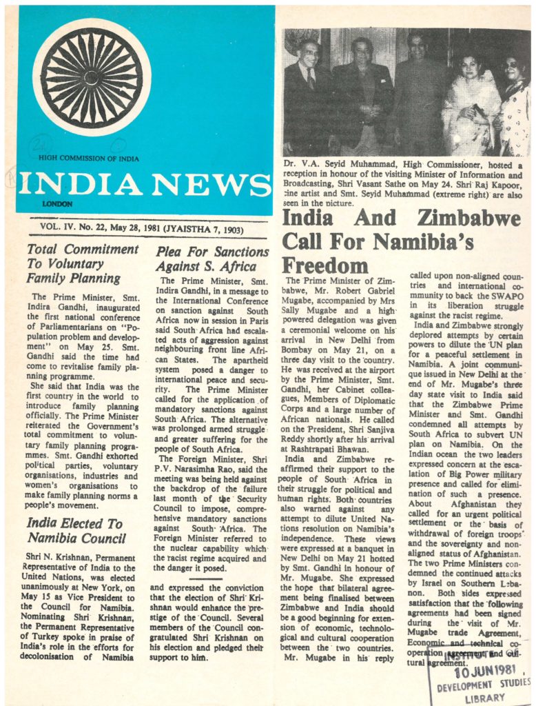 Front page of India News from May 28 1981, with article titled 'Plea for sanctions against S. Africa'.