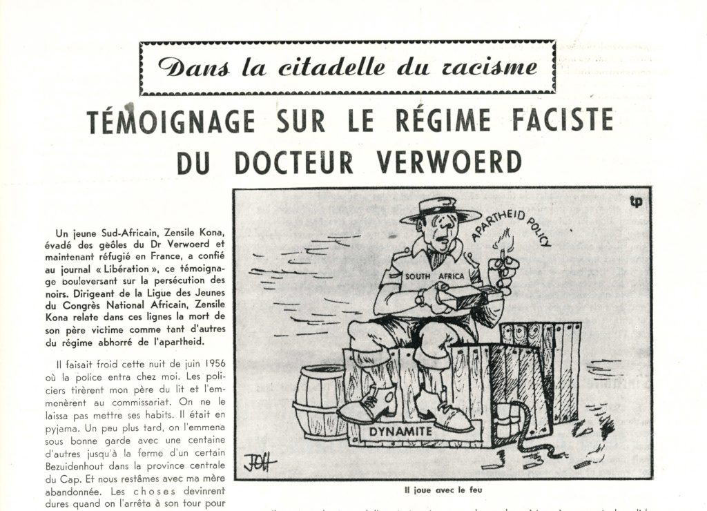 Extract from Senegalese bulletin, Senegal D'aujourd'hui, with cartoon condemning apartheid.