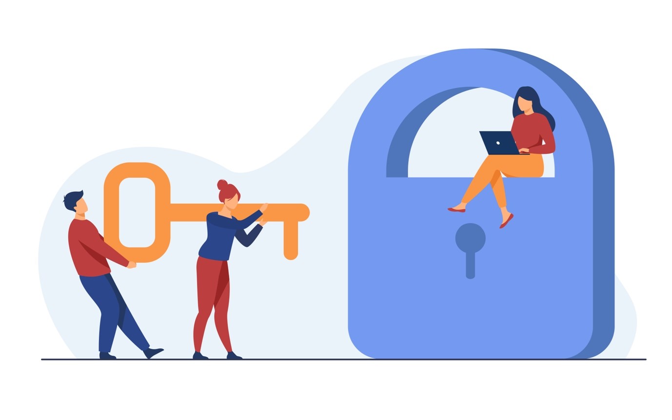 Graphic of tiny people carrying key open padlock