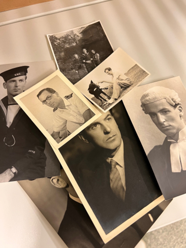 A pile of photos showing Jeremy Hutchinson. All are in black and white. Some show family photos. The largest three are pos ed portraits showing Hutchinson wearing a Naval uniform, a suit and tie, and the wig and bands of a QC.