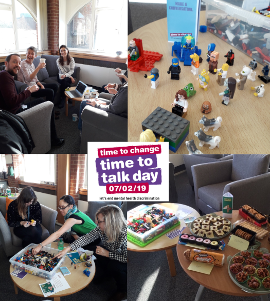 A combined image of Library staff on Time to Talk Day 2019, showing activities like Lego building, and cakes and models.