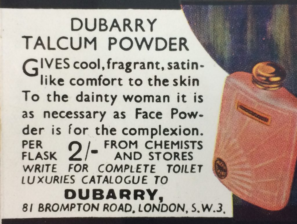 An advert for Dubarry talcum powder