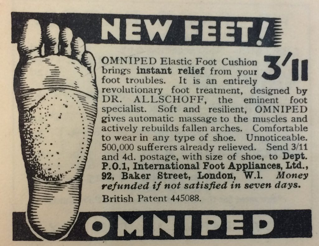 An advert for Omniped elastic foot cushion