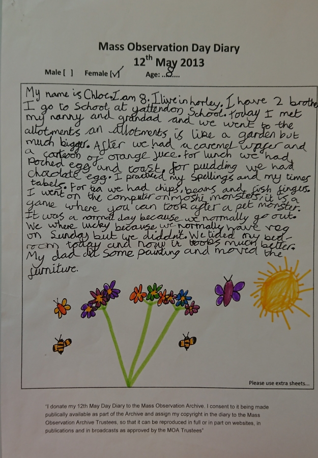 Example of a child's 12th May Day diary and drawing.