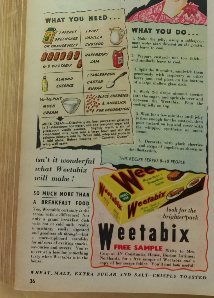 A recipe for Weetabix Trifle from Woman's Own magazine, December 1950