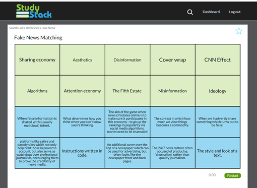 A set of digital matching cards on the topic of Fake News. 
Top two rows: terms.
Bottom two rows: definitions.