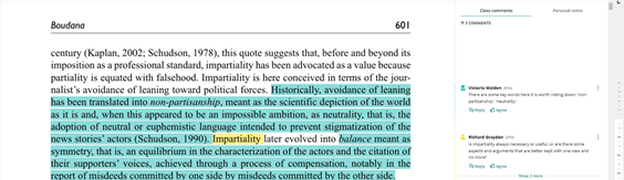 A screenshot from Talis Elevate. On the left text has been highlighted.

On the right a tutor comment relating to this text is followed by a student comment.