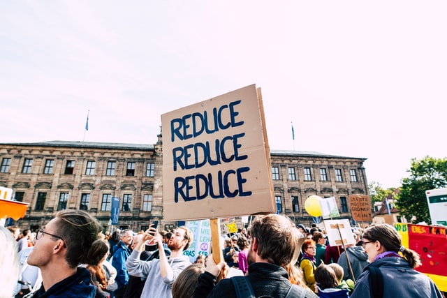Climate strikes protestors, one holding a board that reads Reduce Reduce Reduce