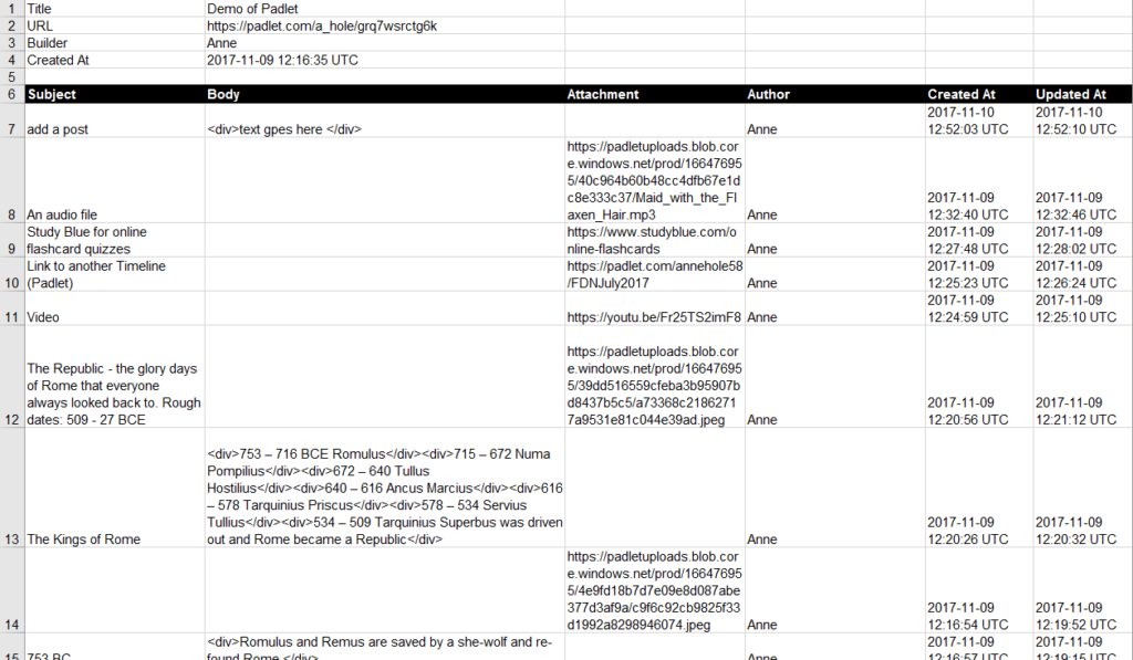 a Padlet exported to Excel