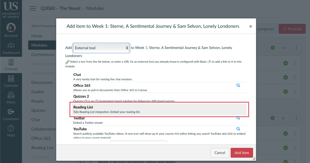 Screenshot showing the Reading List external tool option