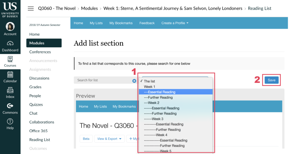 Screenshot showing the reading list section selector
