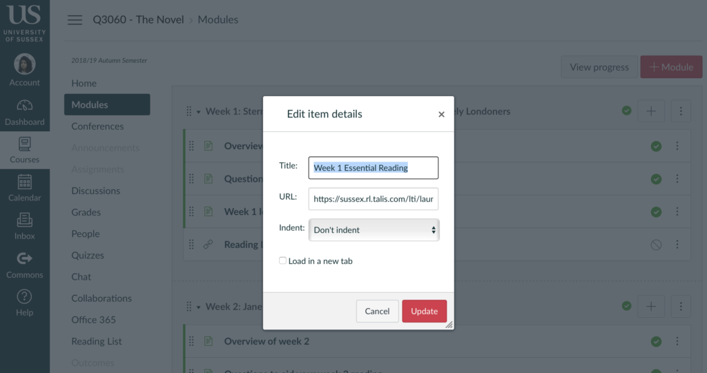 Screenshot showing name editing for a reading list item