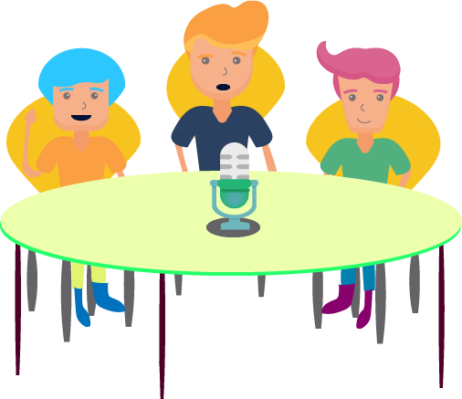 three characters sitting around a table with a microphone