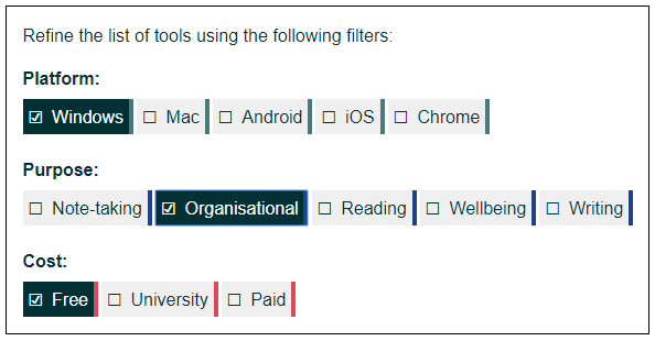 screenshot of the filters showing Platform, Purpose and Cost.