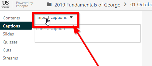 screenshot of 'import captions' button