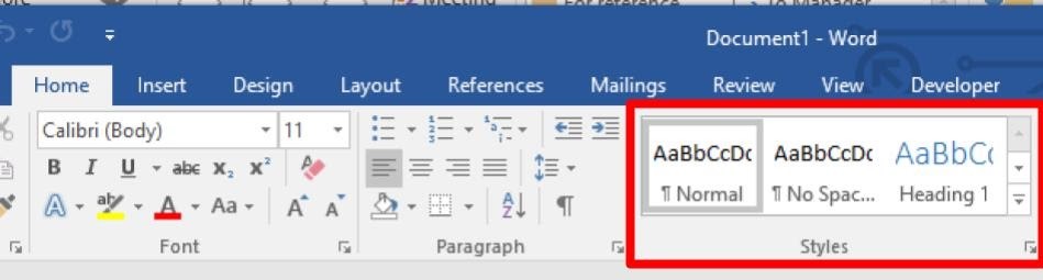Screenshot of ribbon in Microsoft Word with Styles highlighted