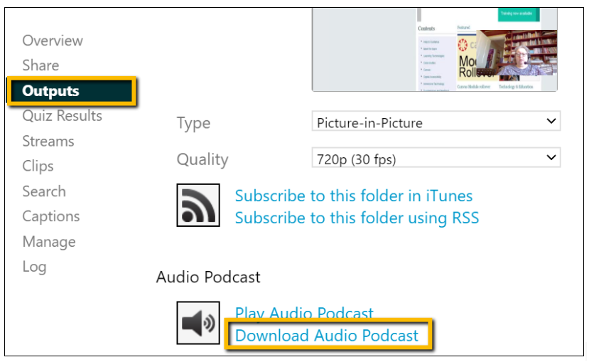 Screenshot showing where to download the audio from a Panopto recording.