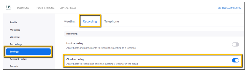 Screenshot showing Zoom settings to record to the cloud