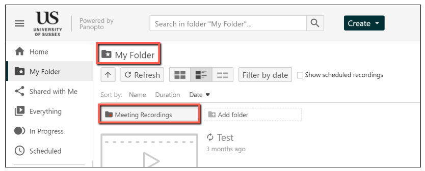 Screenshot showing Meeting Recordings in Panopto 'My Folder'.