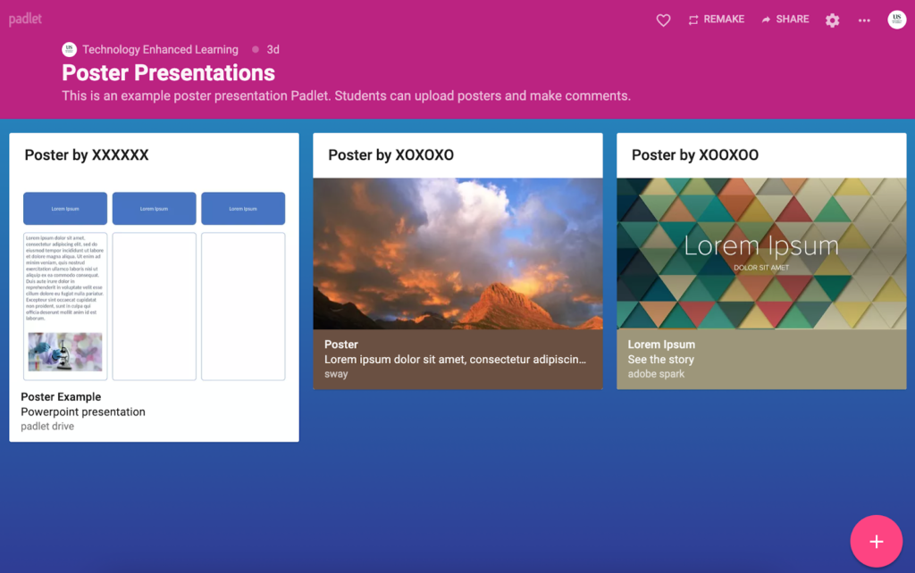 A Padlet webpage containing three posters displayed in a row as thumbnail images. the first is a PowerPoint slide, the second is a link to a MS Sway webpage and the third is an Adobe Spark webpage.