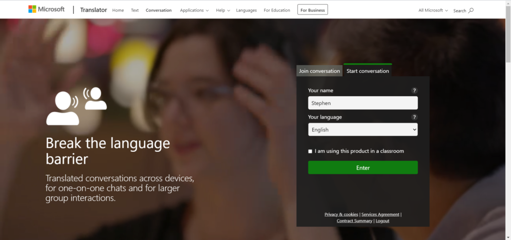 A screenshot of the Microsoft Translate homepage